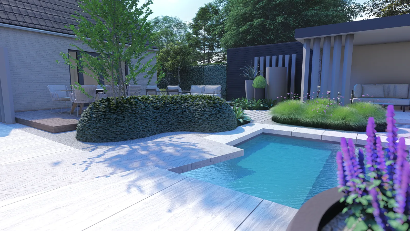 Strak vormgegeven tuin met terras en borders, ontworpen voor een woning in Middelburg